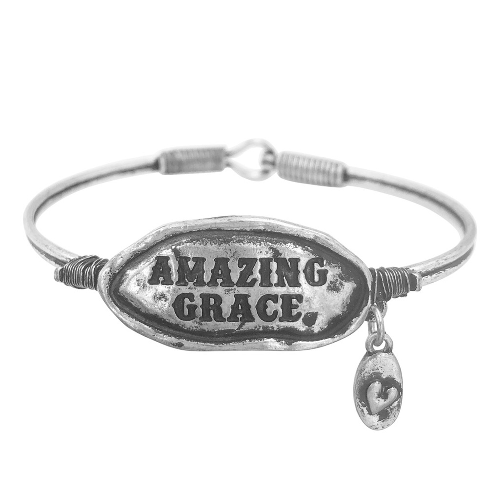 Amazing Grace Silver Tone Simple Hook Back Bangle Bracelet